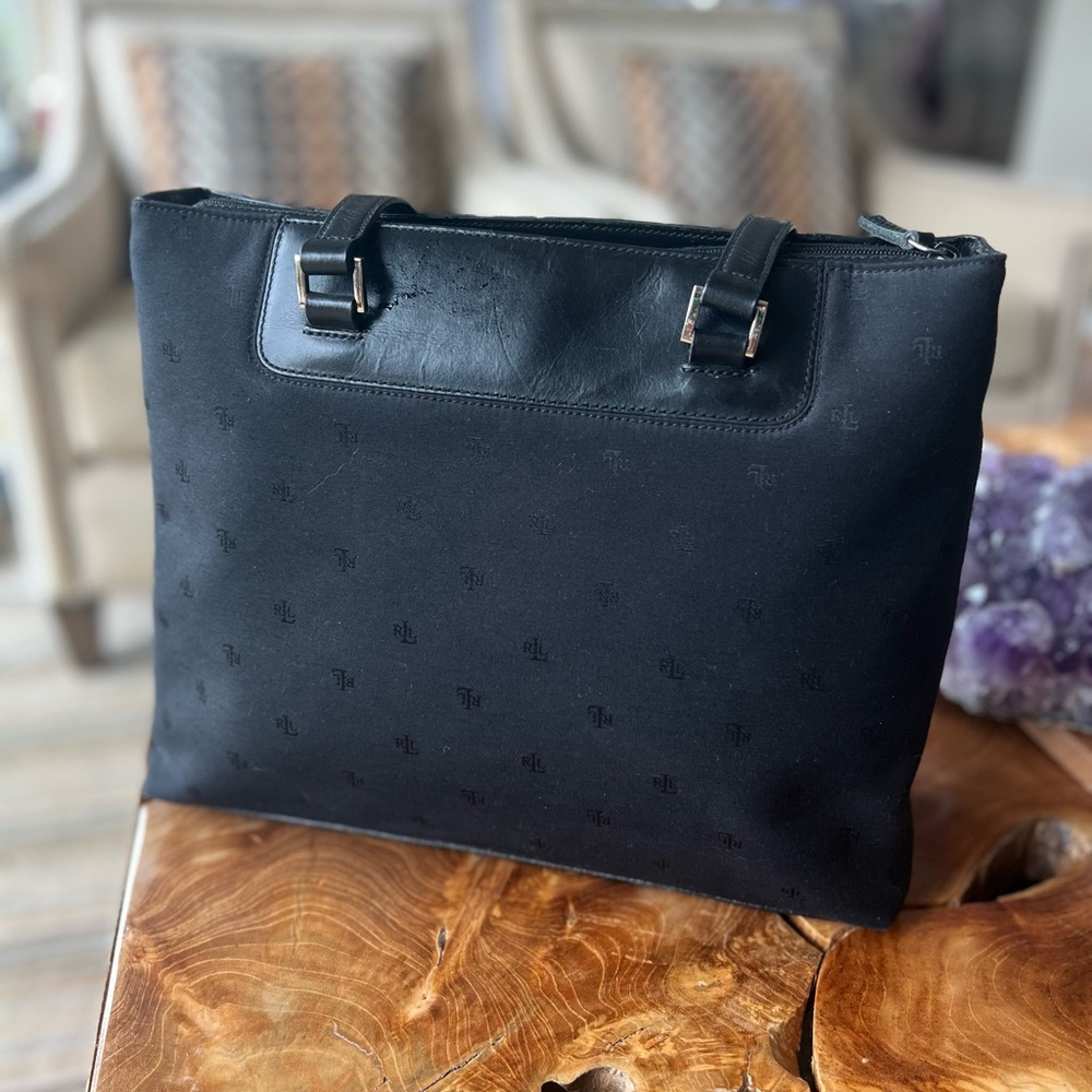 Ralph Lauren Black leather/canvas Tote/purse with Ralph Lauren Lauren logo LRL